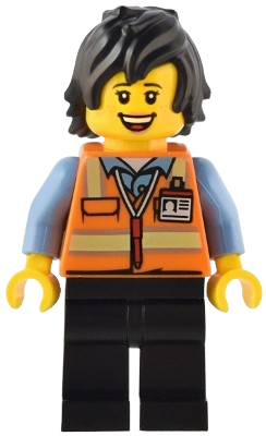 LEGO Train Driver - Female, Orange Safety Vest with Reflective Stripes, Black Legs, Black Hair set