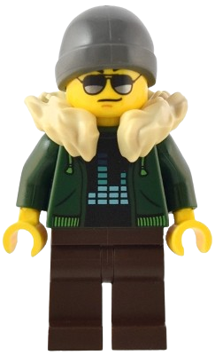 LEGO Traveler - Male, Dark Green Hoodie, Dark Brown Legs, Tan Fur Collar, Dark Bluish Gray Beanie set