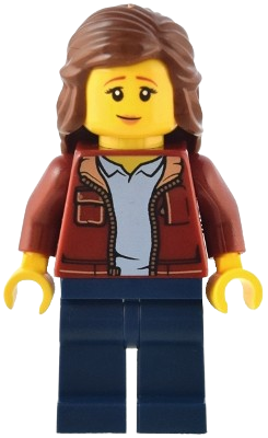 LEGO Traveler - Female, Dark Red Jacket with Bright Light Blue Shirt, Dark Blue Legs, Reddish Brown Hair set