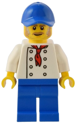 LEGO Hot Dog Stand Manager - White Torso with 8 Buttons, No Wrinkles Front or Back, Blue Legs, Blue Cap set