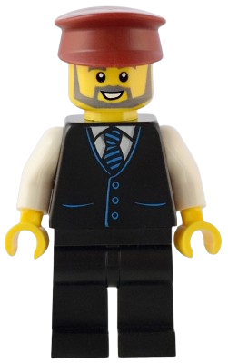 LEGO Station Master - Black Vest with Blue Striped Tie, Black Legs, Dark Red Hat, Beard set