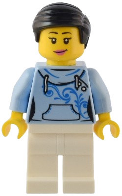 LEGO Traveler - Female, Bright Light Blue Hoodie, White Legs, Black Hair set