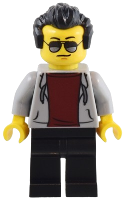 LEGO 1950s Diner Patron - Male, Light Bluish Gray Hoodie with Dark Red Shirt, Black Legs, Black Hair set