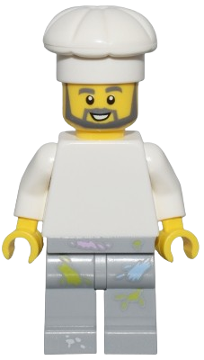 LEGO 1950s Diner Chef - Plain White Torso, Light Bluish Gray Legs with Paint Splotches, White Chef Toque set