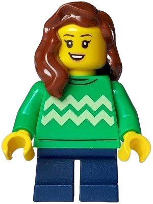 LEGO Child - Girl, Bright Green Sweater with Bright Light Yellow Zigzag Lines, Dark Blue Short Legs, Reddish Brown Hair over Shoulder set