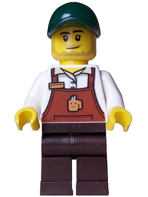 LEGO Bakery / Boulangerie Owner - Reddish Brown Apron with Cup and Name Tag, Dark Brown Legs, Dark Green Cap set