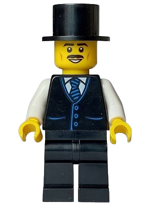 LEGO Tourist - Male, Black Vest with Blue Striped Tie, Black Legs, Black Top Hat, Moustache set