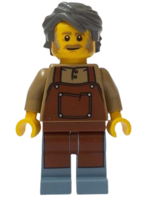 LEGO General Store Owner - Male, Reddish Brown Apron, Sand Blue Legs, Dark Bluish Gray Hair set