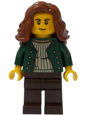 LEGO General Store Customer - Female, Dark Green Open Jacket, Dark Brown Legs, Reddish Brown Hair set