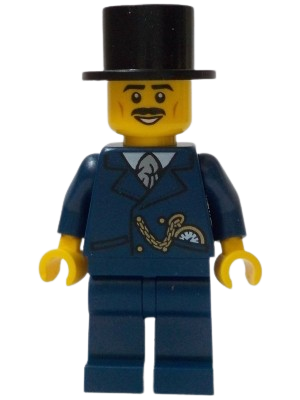 LEGO General Store Customer - Male, Dark Blue Suit, Black Top Hat, Black Moustache set