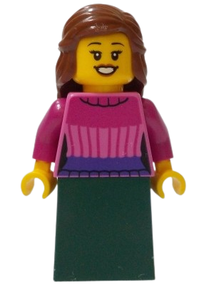 LEGO General Store Customer - Female, Dark Pink Sweater, Dark Green Skirt, Reddish Brown Hair set