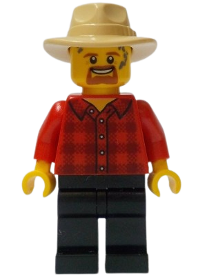 LEGO General Store Carriage Driver - Male, Red Plaid Flannel Shirt, Black Legs, Tan Fedora set