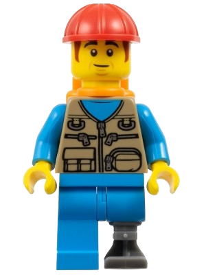 LEGO Train Worker - Dark Tan Vest, Dark Azure Legs, Prosthetic Left Leg, Orange Air Tanks, Construction Helmet set