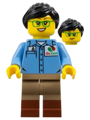 LEGO Train Worker - Female, Medium Blue Octan Shirt, Dark Tan Legs with Reddish Brown Boots, Green Glasses, Black Ponytail set