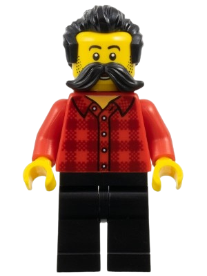 LEGO Train Worker - Red Plaid Flannel Shirt, Black Legs, Moustache, and Hair set