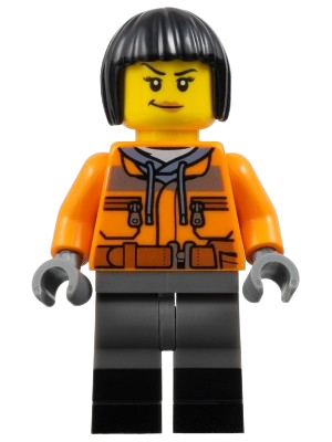 LEGO Train Worker - Orange Jacket, Dark Blue Gray Legs with Black Boots, Black Bob Cut Hair set