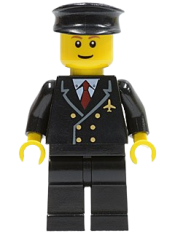 LEGO Airport - Pilot with Red Tie and 6 Buttons, Black Legs, Black Hat, Brown Eyebrows, Thin Grin minifigure
