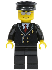 LEGO Airport - Pilot with Red Tie and 6 Buttons, Black Legs, Black Hat, Silver Glasses minifigure