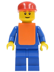 LEGO Airport - Blue 3 Button Jacket & Tie, Red Cap, Blue Legs, Orange Vest, Eyebrows minifigure