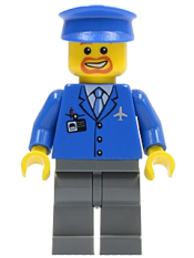 LEGO Airport - Blue 3 Button Jacket & Tie, Blue Hat, Dark Bluish Gray Legs minifigure