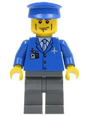 LEGO Airport - Blue 3 Button Jacket & Tie, Blue Hat, Dark Bluish Gray Legs, Vertical Cheek Lines minifigure