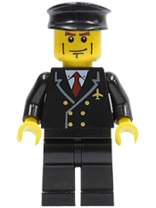 LEGO Airport - Pilot with Red Tie and 6 Buttons, Black Legs, Black Hat, Vertical Cheek Lines minifigure