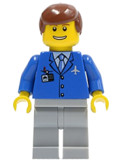 LEGO Airport - Blue 3 Button Jacket & Tie, Light Bluish Gray Legs, Reddish Brown Male Hair, Thin Grin with Teeth minifigure