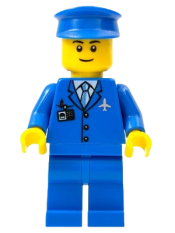 LEGO Airport - Blue 3 Button Jacket and Tie, Blue Hat, Blue Legs, Black Eyebrows minifigure