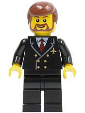 LEGO Airport - Pilot with Red Tie and 6 Buttons, Black Legs, Reddish Brown Hair, Brown Beard Rounded minifigure