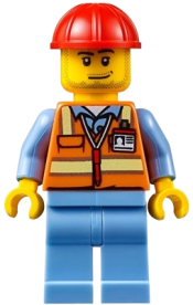 LEGO Orange Safety Vest with Reflective Stripes, Medium Blue Legs, Red Construction Helmet, Smirk and Stubble Beard minifigure