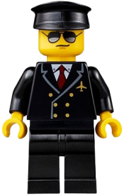 LEGO Airport - Pilot, Black Legs, Red Tie and 6 Buttons, Black Hat, Black and Silver Sunglasses minifigure