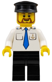 LEGO Boat Captain with Blue Tie and Anchor on Pocket, Black Hat, Brown Beard Rounded minifigure