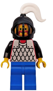 LEGO Scale Mail - Red with Black Arms, Blue Legs, Black Grille Helmet, White Plume minifigure