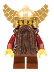 LEGO Fantasy Era - Dwarf, Dark Brown Beard, Metallic Gold Helmet with Wings, Dark Red Arms, Smirk and Stubble Beard minifigure