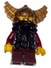 LEGO Fantasy Era - Dwarf, Dark Brown Beard, Metallic Gold Helmet with Wings, Dark Red Arms, Vertical Cheek Lines minifigure