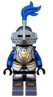 LEGO Castle - King's Knight Armor with Lion Head with Crown, Helmet with Pointed Visor, Blue Plume, Determined / Open Mouth Scared Pattern minifigure
