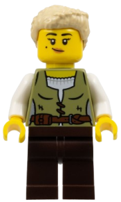 LEGO Carpenter - Female, Olive Green Vest, Dark Brown Legs, Tan Coiled Hair Ponytail minifigure