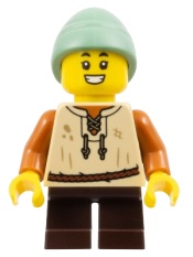 LEGO Peasant Boy - Tan Vest, Dark Brown Short Legs, Sand Green Slouch Hat minifigure