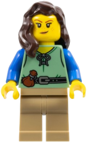 LEGO Shieldsmith - Female, Sand Green Vest, Dark Tan Legs, Dark Brown Hair over Shoulder minifigure