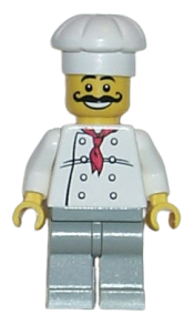 LEGO Chef - White Torso with 8 Buttons, Light Gray Legs, Long Curly Moustache minifigure