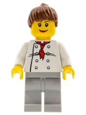 LEGO Chef - White Torso with 8 Buttons, Light Bluish Gray Legs, Reddish Brown Ponytail Hair, Brown Eyebrows, Female minifigure