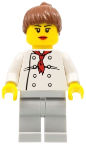 LEGO Chef - White Torso with 8 Buttons, Light Bluish Gray Legs, Reddish Brown Ponytail Hair, Black Eyebrows, Female minifigure