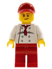 LEGO Chef - White Torso with 8 Buttons, Red Legs and Red Cap with Hole (City Square Hot Dog Vendor) minifigure