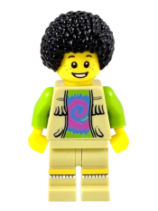 LEGO Musician - Male, Vest with Fringe over Lime Top with Pink and Blue Swirl, Black Bushy Hair minifigure