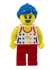 LEGO Musician - Female, White Top with Rainbow Stars, Red Legs, Dark Azure Ponytail and Swept Sideways Fringe, Blue Lips minifigure