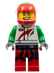 LEGO Race Car Driver, White Octan Race Suit with Octan Logo, Black Leg Straps with Carabiner minifigure