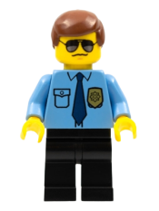 LEGO Police - City Shirt with Dark Blue Tie and Gold Badge, Black Legs, Brown Male Hair, Sunglasses minifigure