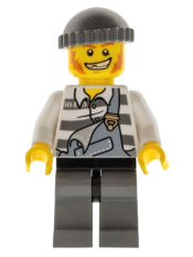 LEGO Police - Jail Prisoner Torn Overalls over Prison Stripes, Dark Bluish Gray Legs and Knit Cap minifigure