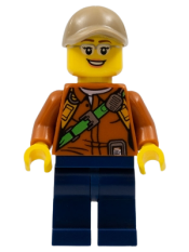 LEGO City Jungle Explorer Female - Dark Orange Shirt with Green Strap, Dark Blue Legs, Silver Glasses, Dark Tan Cap with Hole minifigure