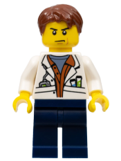 LEGO City Jungle Scientist - White Lab Coat with Test Tubes, Dark Blue Legs, Reddish Brown Parted Hair, Scowl minifigure